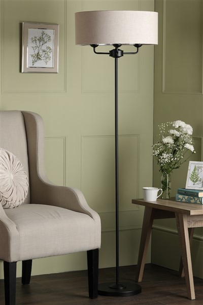 (image for) Laura Ashley Sorrento 3 Light Floor Lamp Matt Black and Natural With Shade